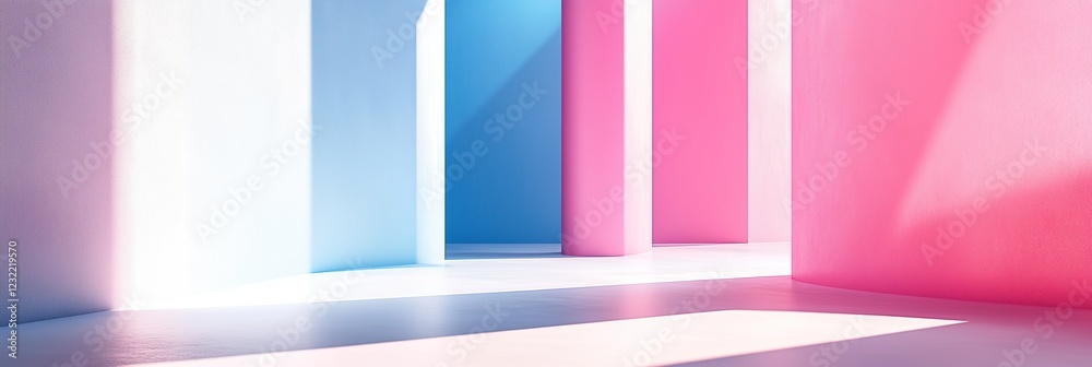 Poster pastel colored abstract architectural space bathed in sunlight minimalist design with smooth curves 