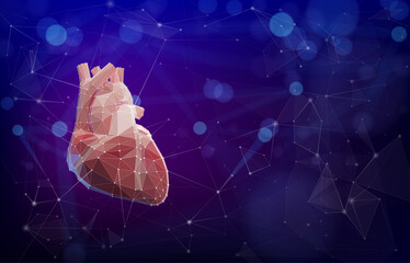 3D illustration of a structure of triangles connected by dots in the shape of a human heart placed on a dark background. Used in medicine, science, education, advertising, commerce and industry.