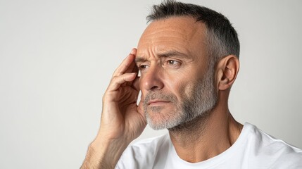 Obraz premium Thoughtful man with a serious expression and touch of chin