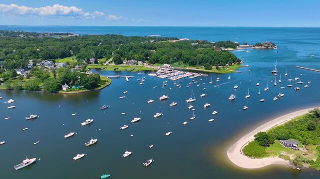Aerial view of Cohasset Cove including fishing boat in the harbor and Bassing Beach in town of Cohasset, Massachusetts MA, USA. 
