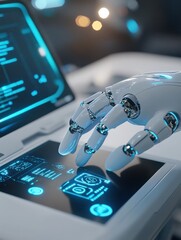 robotic ai assistant futuristic robot hand pointing at laptop with chatbot interface 3d illustration