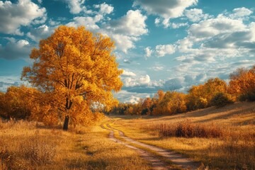 Naklejka premium Golden autumn tree, winding road, scenic landscape, sunny day, fall foliage