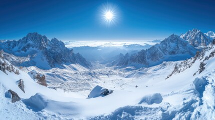 Naklejka premium Snowy Mountain Landscape Under Bright Sun in Winter. Generative AI