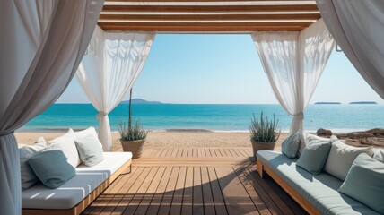Obraz premium The Perfect Greek Seaside Escape: Canopy Curtains and Cozy Sofas