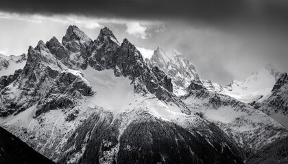 professional monochrome photograph of a stunning snowy mountain landscape showcasing rugged peaks and serene snowfall atmosphere
