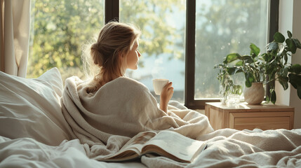 Entspannter Morgen im gemütlichen Schlafzimmer mit Sonnenlicht, Ruhe und achtsamer Morgenroutine. Generative AI KI