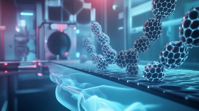Nanobots moving on futuristic conveyor belt in advanced lab