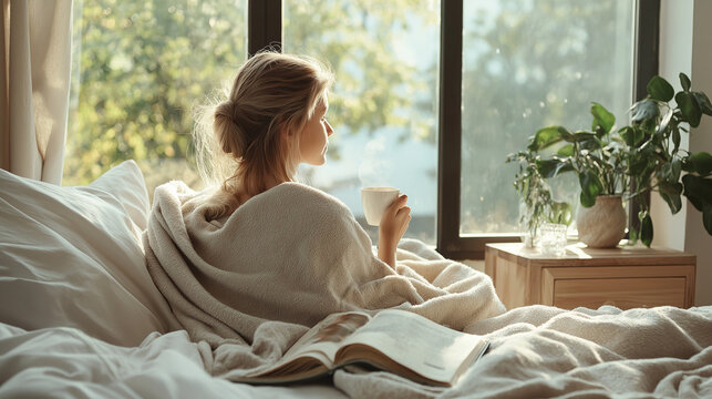 Entspannter Morgen im gem&uuml;tlichen Schlafzimmer mit Sonnenlicht, Ruhe und achtsamer Morgenroutine. Generative AI KI