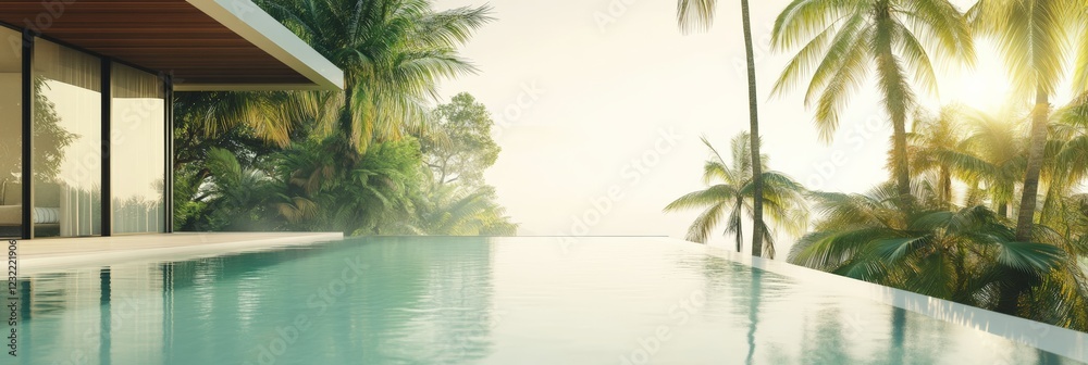 Aufkleber luxurious infinity pool merging with the ocean, surrounded by lush tropical vegetation and palm tree