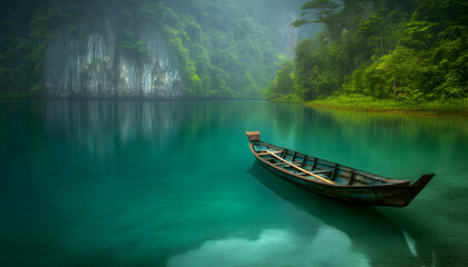 Serene wooden boat floats on a tranquil, emerald green lake nestled within a lush, misty rainforest.