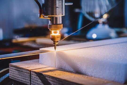 Precision Cutting of Polystyrene. A close-up shot of a CNC machine cutting a block of white polystyrene foam. The machine's hot wire precisely melts through the material, creating a clean cut. 