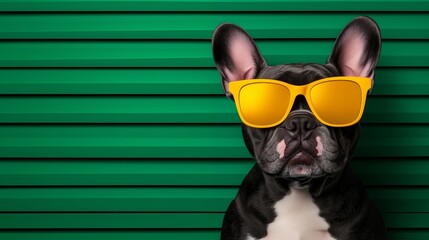 A French bulldog wearing yellow sunglasses against a green wall background, with copy space, a humorous animal concept. 