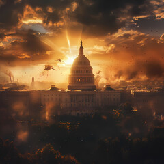 Obraz premium Sunset over the Capitol Building with dramatic clouds and smoke. Generative AI