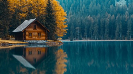 Fototapeta premium Charming wooden cabin nestled by a tranquil lake, reflecting serenely amidst the vibrant autumn foliage and evergreen forest, creating a picturesque scene of nature's beauty and tranquility