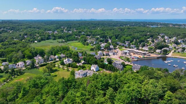 Aerial view of Cohasset Cove including fishing boat in the harbor and Bassing Beach in town of Cohasset, Massachusetts MA, USA. 