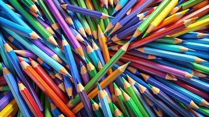 A vibrant array of colorful pencils scattered across a dynamic background, with various shades of blue and green hues blending seamlessly into each other , creative space, artistic expression