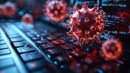 A computer virus detection icon displayed on a laptop screen, warning of a cyber attack threat