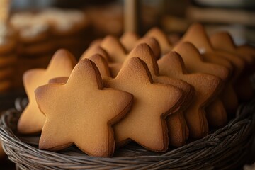 Close-up of star shaped cookies in wicker basket for holiday celebrations and desserts