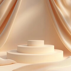 Fototapeta premium Elegant beige fabric backdrop with minimalist podium display for products