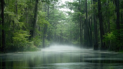Obraz premium A dark, foggy swamp with eerie Halloween mist floating above the murky water.