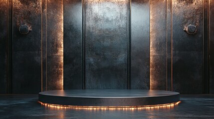 Modern Empty Stage with Dramatic Lighting and Textured Metal Walls