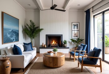 Fototapeta premium Photorealistic Coastal Living Room: Whitewashed Walls, Navy Blue Accents, Driftwood Furniture, Hyperdetailed, Seaside Serenity, Coastal Style, Beach House Interior, Light & Airy, Nautical Theme. 