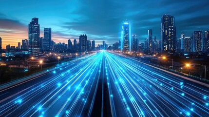 Fototapeta premium A futuristic highway bridge with glowing blue lights, stretching across a city skyline.