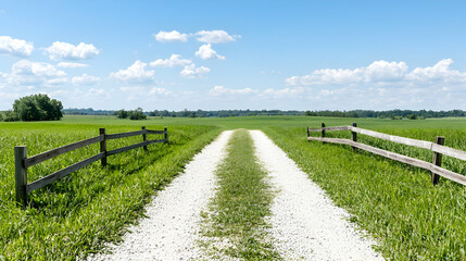 Fototapeta premium Gravel road through green field, sunny day