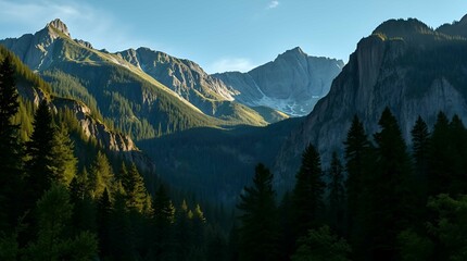 Obraz premium An epic scene of a green mountain range surrounded by large trees, rendered in high contrast low key lighting, deep shadows, massive scale, heroic elements and intense lens glow lighting