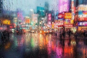 tokyo cityscape through rain-streaked glass, neon signs blur into watercolor-like patterns, creating electric atmosphere