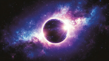 Obraz premium Purple space solar eclipse light glow in galaxy vector. Neon universe planet flare and ray abstract outer world ring. Cosmic sunrise shine with blue sparkle. Isolated halo edge on black background