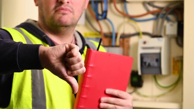 Engineer in front of electricity meter indoors with a red notebook showing thumb down. Increasing the electricity bills