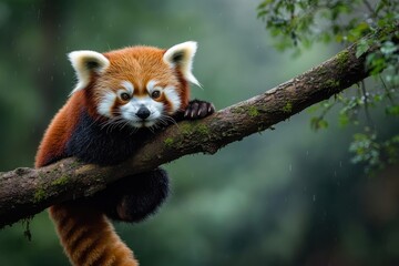 Red Panda on a Branch in the Rain