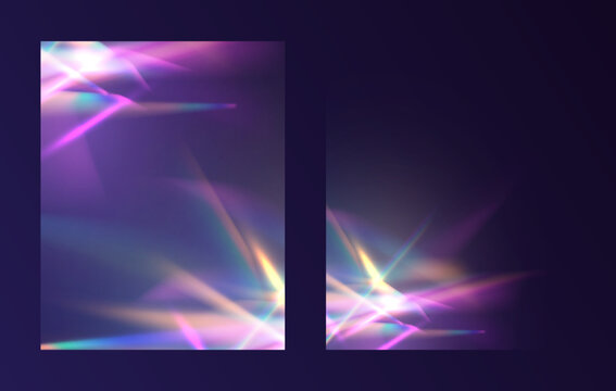 Crystal rays of light, prism refraction, lens flare, crystal glass reflection effect. Prism vector, realistic light leak effect with spectral flare. Bright light banner, poster, template.