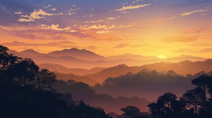 Obraz premium Serene Sunset Over Longitudinal Mountains with Soft Fog and Vibrant Sky Colors Reflecting Nature's Tranquility and Beauty