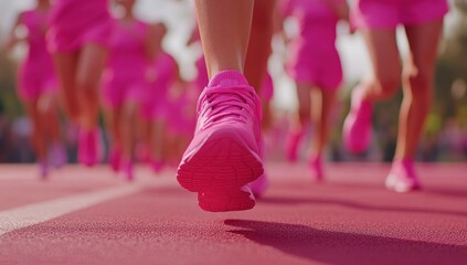 Pink Runners in Race: A vibrant close-up of runners in a race wearing pink outfits and shoes, showcasing determination and teamwork.