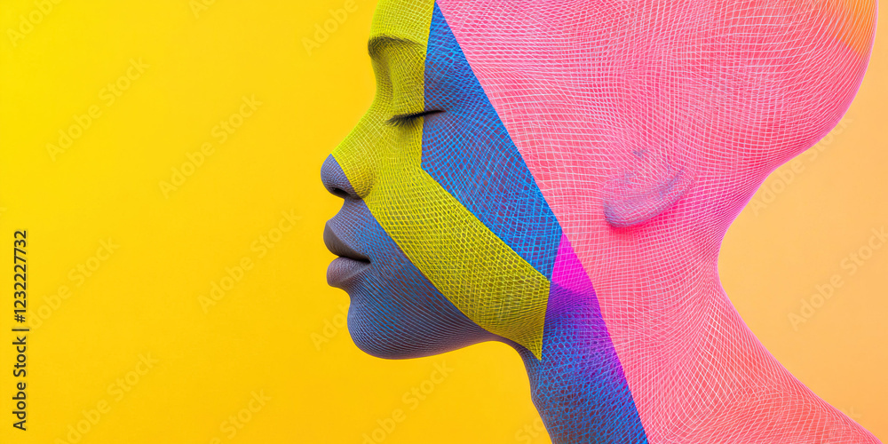 Poster digital wireframe profile with geometric color patterns