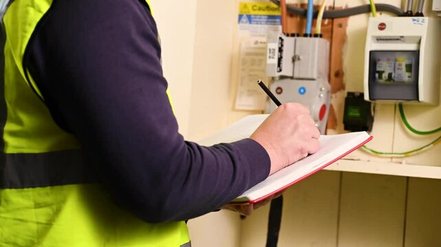 Gas meter in the house, a man worker takes notes from electricity meter counter. Increasing price for electricity bills 