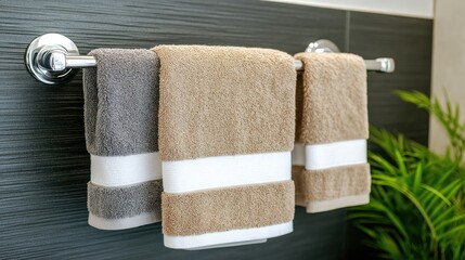 A luxurious bathroom features a minimalist towel rack holding a soft towel. Natural light streams in, highlighting the stone surfaces and tranquil mountain views outside