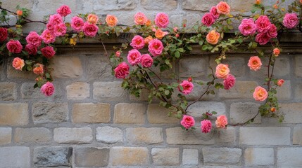 Vibrant Roses Cascading on a Stone Wall