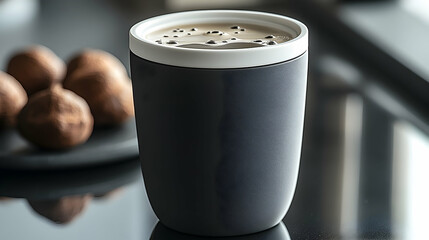 3D Illustration Dark Gray Coffee Mug White Rim Bubbles Brownies Table Reflection