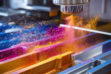 Close-up of an automated industrial process where colorful coating is being sprayed onto metal parts. The image highlights the precision and vibrant colors used in the finishing stage.