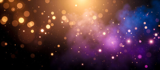 Obraz premium Abstract background with golden bokeh lights and purple-blue nebula, glowing particles, festive atmosphere, celebrations, holidays, magical themes, event