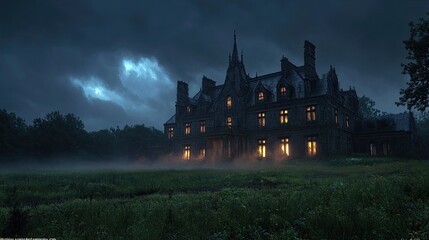 Obraz premium Dark stormy sky over an abandoned gothic mansion, glowing windows and fog rolling through the front yard, eerie scene.