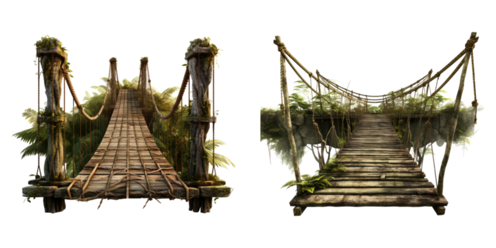 Jungle hanging bridge made of wood and ropes isolated on transparent background, PNG, Set of