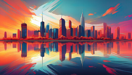 Obraz premium a city skyline is reflected in a body of water