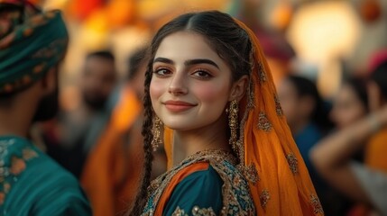 Portrait of a young woman in traditional South Asian attire.