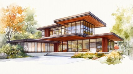 Obraz premium Modern architectural design showcased in a nature-inspired setting exterior view of a stylish home