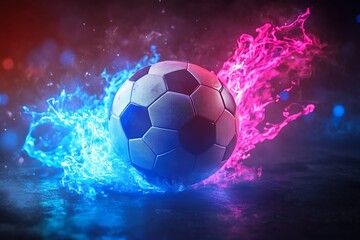 Fototapeta premium Soccer ball surrounded by blue and pink flames in a dramatic lighting setup.