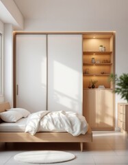 Fototapeta premium Sun-kissed slumber a serene bedroom with natural wood accents
